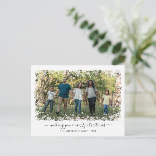 メリークリスマススノーフレークエレガントのスクリプトフォト シーズンポストカード (スタンド正面)