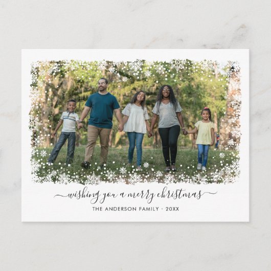 メリークリスマススノーフレークエレガントのスクリプトフォト シーズンポストカード (正面)