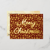 メリークリスマススノーフレークエレガントスクリプトのバーガンディ 箔シーズンポストカード (正面/裏面)
