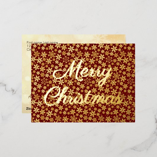 メリークリスマススノーフレークエレガントスクリプトのバーガンディ 箔シーズンポストカード (正面/裏面)