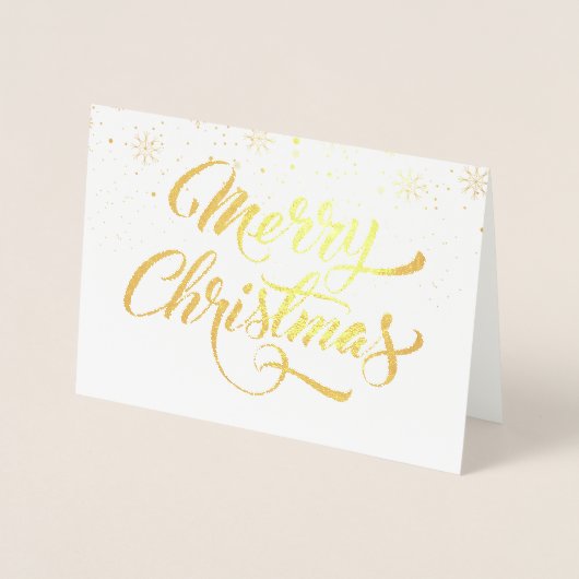 メリークリスマススノーフレークエレガントスクリプト金ゴールド 箔カード (正面)