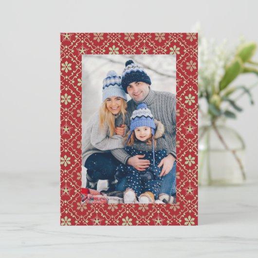 メリークリスマススノーフレークエレガントレッド1写真 シーズンカード (スタンド正面)