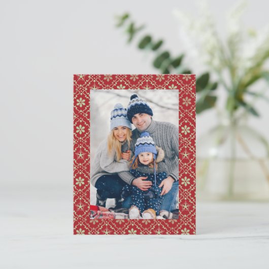 メリークリスマススノーフレークエレガントレッド1写真 シーズンポストカード (スタンド正面)