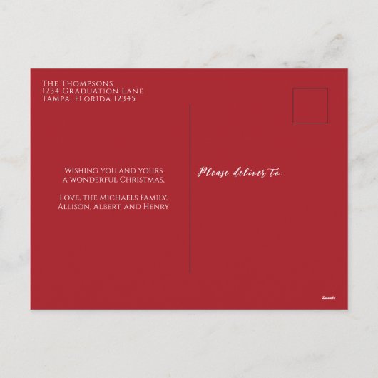 メリークリスマススノーフレークエレガントレッド1写真 シーズンポストカード (裏面)