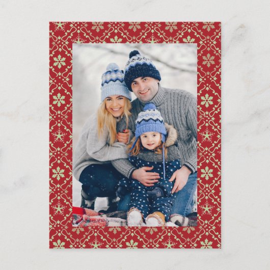 メリークリスマススノーフレークエレガントレッド1写真 シーズンポストカード (正面)