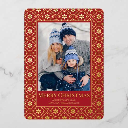 メリークリスマススノーフレークエレガントレッド1写真 箔シーズンカード (正面)