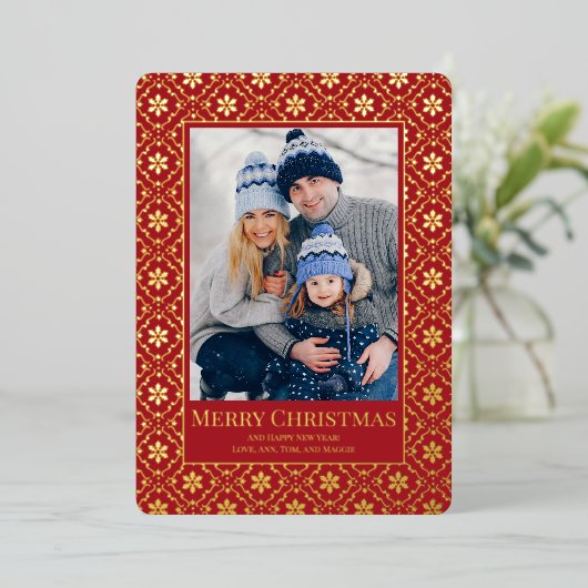 メリークリスマススノーフレークエレガントレッド1写真 箔シーズンカード (立ち正面)