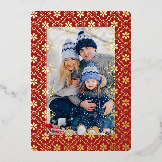 メリークリスマススノーフレークエレガントレッド1写真 箔シーズンカード (正面)