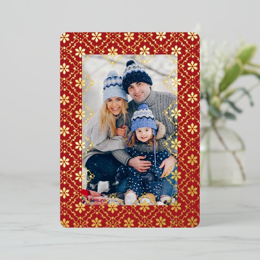 メリークリスマススノーフレークエレガントレッド1写真 箔シーズンカード (立ち正面)