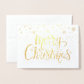 メリークリスマススノーフレークスシックなスクリプト金ゴールド 箔カード (封筒付き正面)