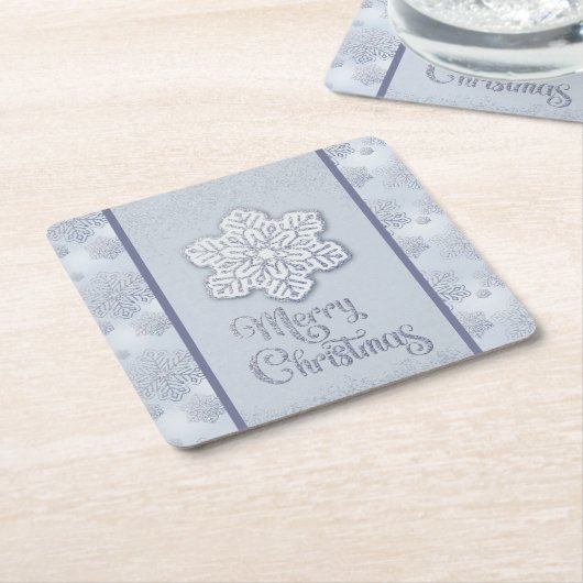 メリークリスマススノーフレークスシルバーグリッター スクエアペーパーコースター (アングル)