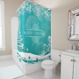 メリークリスマススノーフレークスツリーの花と星 シャワーカーテン
