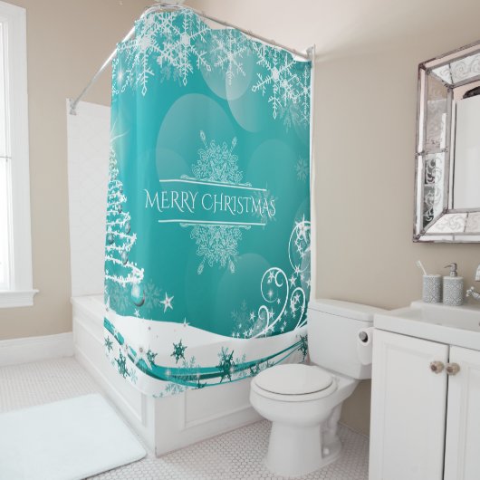 メリークリスマススノーフレークスツリーの花と星 シャワーカーテン (インサイチュ)