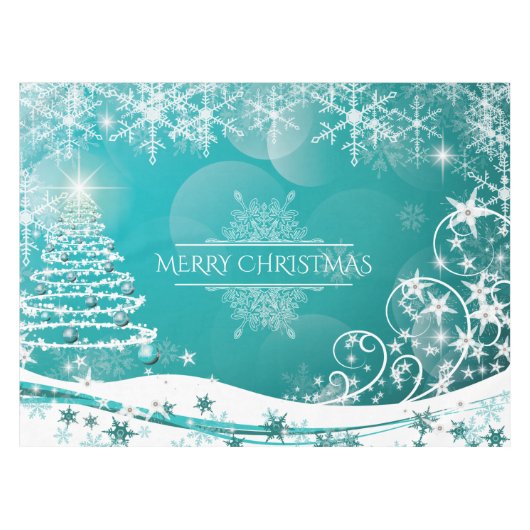 メリークリスマススノーフレークスツリーの花と星 テーブルクロス (正面(横))