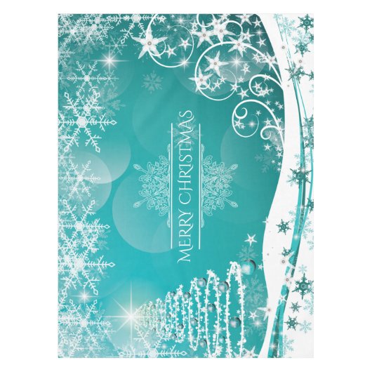 メリークリスマススノーフレークスツリーの花と星 テーブルクロス (正面)