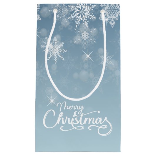メリークリスマススノーフレークスブルーホリデー スモールペーパーバッグ (正面)