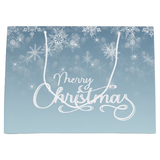 メリークリスマススノーフレークスブルーホリデー ラージペーパーバッグ (正面)