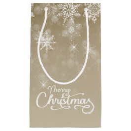 メリークリスマススノーフレークスベージュホリデー スモールペーパーバッグ