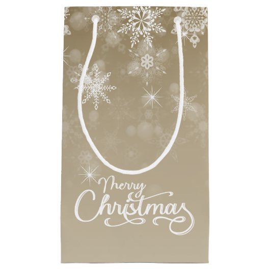 メリークリスマススノーフレークスベージュホリデー スモールペーパーバッグ (正面)