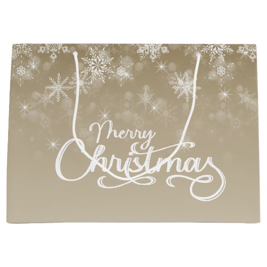 メリークリスマススノーフレークスベージュホリデー ラージペーパーバッグ (正面)