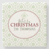 メリークリスマススノーフレークトレンディーホリデーネーム ストーンコースター (正面)