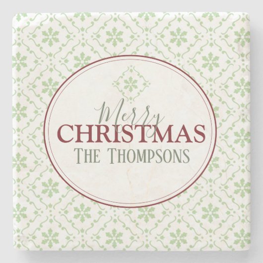 メリークリスマススノーフレークトレンディーホリデーネーム ストーンコースター (正面)