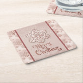 メリークリスマススノーフレークバラ金ゴールドグリッターピンク スクエアペーパーコースター (アングル)