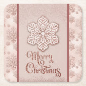 メリークリスマススノーフレークバラ金ゴールドグリッターピンク スクエアペーパーコースター (正面)