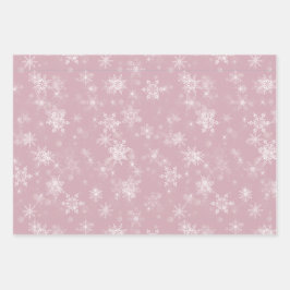 メリークリスマススノーフレークピンクグリーティングホリデー ラッピングペーパーシート