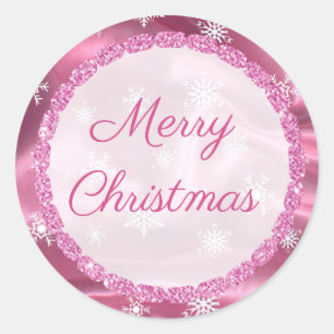 メリークリスマススノーフレークピンクサテンシール ラウンドシール
