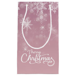 メリークリスマススノーフレークピンク スモールペーパーバッグ