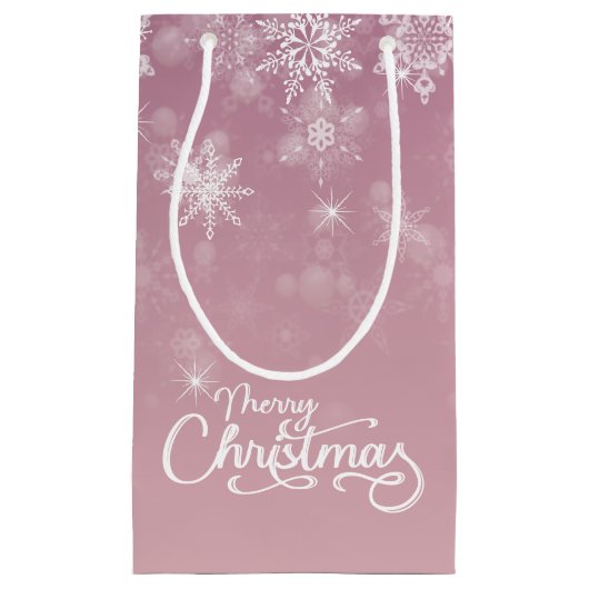 メリークリスマススノーフレークピンク スモールペーパーバッグ (正面)