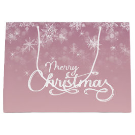 メリークリスマススノーフレークピンク ラージペーパーバッグ