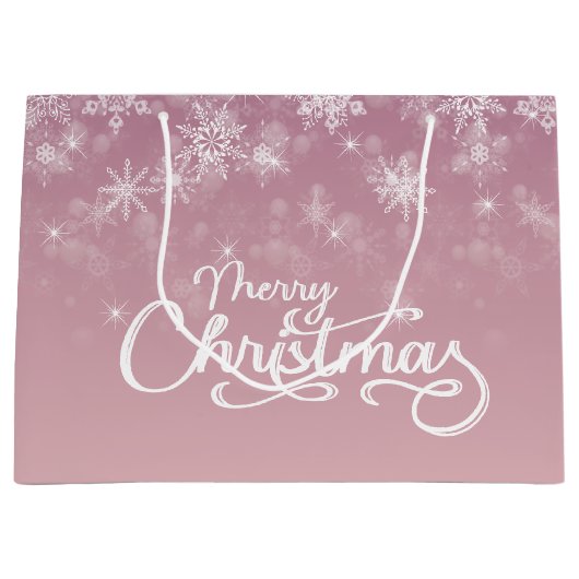 メリークリスマススノーフレークピンク ラージペーパーバッグ (正面)
