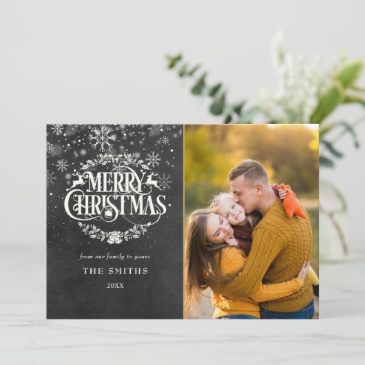 メリークリスマススノーフレーク写真Boho Chalkboard シーズンカード (スタンド正面)