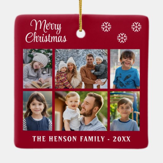 メリークリスマススノーフレーク家族6フォトコラージュ セラミックオーナメント (裏面)