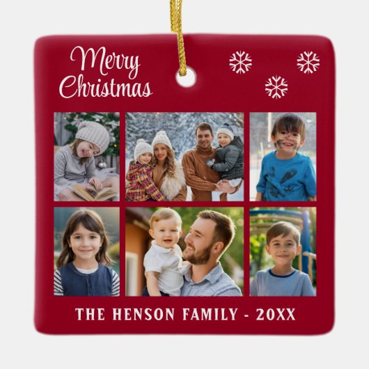 メリークリスマススノーフレーク家族6フォトコラージュ セラミックオーナメント (正面)