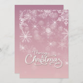 メリークリスマススノーフレーク白ピンクのグリーティング シーズンカード (正面/裏面)