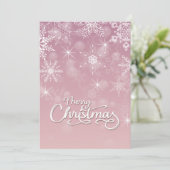メリークリスマススノーフレーク白ピンクのグリーティング シーズンカード (スタンド正面)