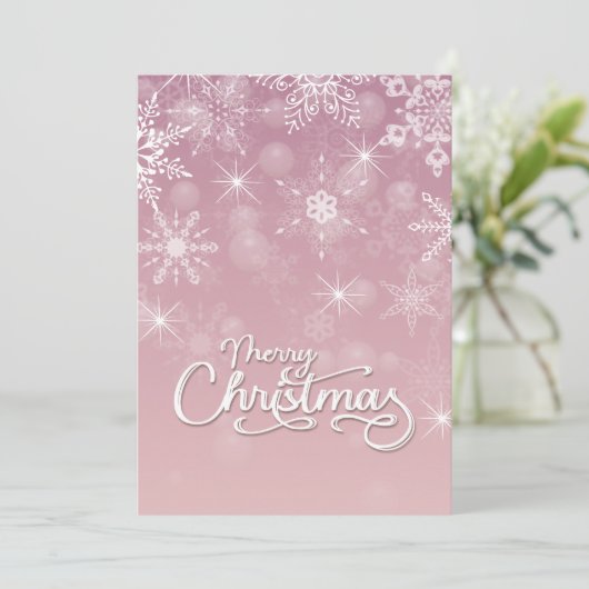 メリークリスマススノーフレーク白ピンクのグリーティング シーズンカード (スタンド正面)