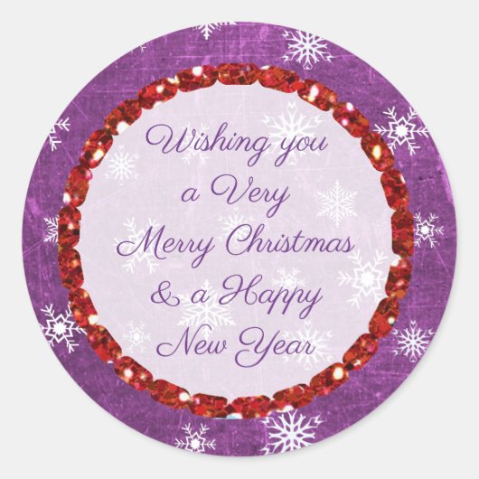 メリークリスマススノーフレーク紫と赤のステッカー ラウンドシール (正面)