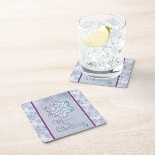 メリークリスマススノーフレーク虹色がかったブルーパープル スクエアペーパーコースター (インサイチュ)