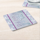 メリークリスマススノーフレーク虹色がかったブルーパープル スクエアペーパーコースター (アングル)