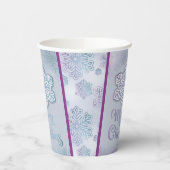 メリークリスマススノーフレーク虹色がかったブルーパープル 紙コップ (左)