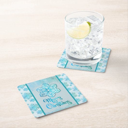 メリークリスマススノーフレーク虹色がかった青 スクエアペーパーコースター (インサイチュ)