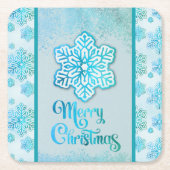 メリークリスマススノーフレーク虹色がかった青 スクエアペーパーコースター (正面)