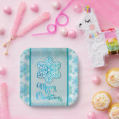 メリークリスマススノーフレーク虹色がかった青 ペーパープレート (パーティー)