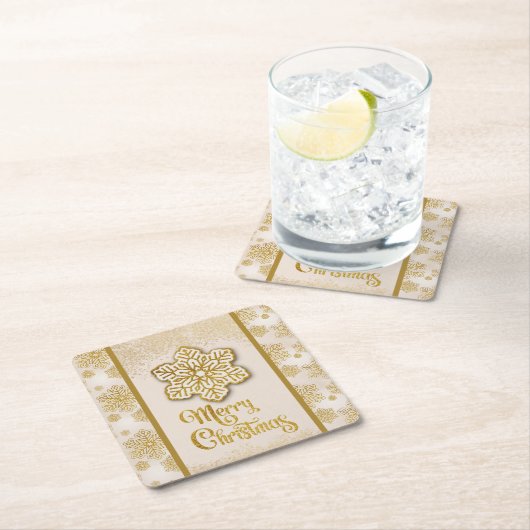 メリークリスマススノーフレーク金ゴールドグリッタースパークル スクエアペーパーコースター (インサイチュ)