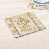 メリークリスマススノーフレーク金ゴールドグリッタースパークル スクエアペーパーコースター (アングル)