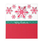 メリークリスマススノーフレーク&グリーン格子状リボン ノートパッド (正面)